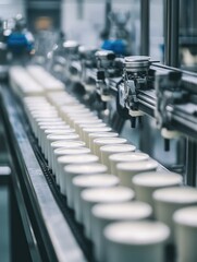 Obraz premium Industrial production line with white containers for processing or packaging.