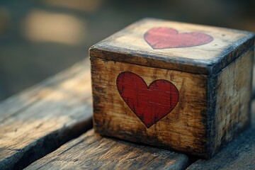 Wooden Box with Painted Red Heart on Rustic Table Capturing Valentine Romance Spirit, Valentine’s Day Concept