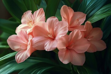 Obraz premium Beautiful pink calla lilies blooming in a lush green garden setting