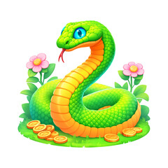 Green snake on gold coins and precious stones as symbol of wealth isolated on transparent background. Animal character, zodiac sign. Chinese New Year 2025. Illustration for design banner, poster, card