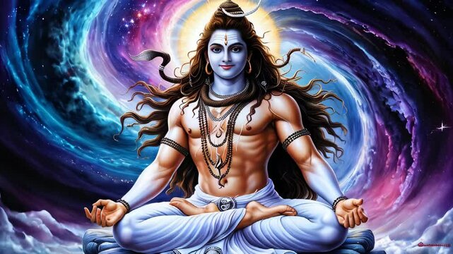 Lord Shiva meditating in front of a cosmic swirling background. Vibrant depiction of spirituality and divine energy.