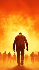 Fototapeta premium A man walking in front of a group of zombies
