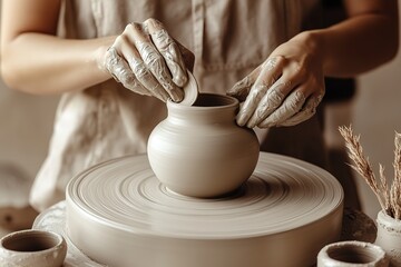 Hands skillfully shaping clay on pottery wheel, creating unique