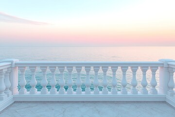 Serene balcony overlooking calm sea at dawn, soft pastel colors