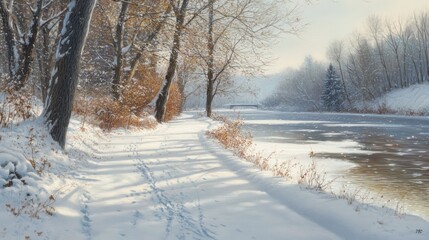 Obraz premium A snowy landscape with a river and trees. The water is calm and the snow is covering the ground. The scene is peaceful and serene