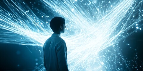 A person stands in awe before a vibrant explosion of light and energy. This digital art captures the essence of exploration and curiosity. A mesmerizing blend of style and technology. AI