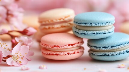 Obraz premium Colorful macarons arranged on a decorative surface with cherry blossom branches