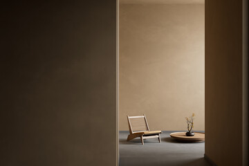 Japandi style interior design with wooden furnitures and raw materials. Empty wall mock up in Japandi style interior. 3D illustration