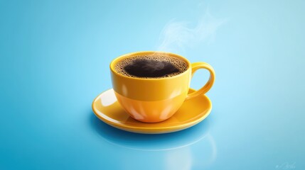 Obraz premium Bright Yellow Coffee Cup with Black Coffee on Blue Background