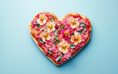Fototapeta premium A heart-shaped pizza with vibrant pink sauce and edible flower toppings, artistically floating mid-air on a pastel blue background for Saint Valentines Day