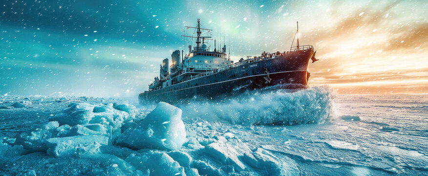 Majestic icebreaker ship navigating through arctic ocean in breathtaking polar landscape