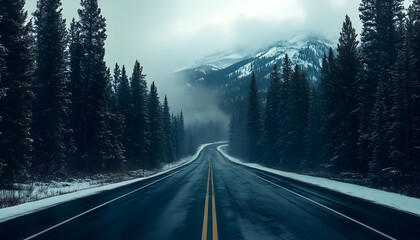Snowy Mountain Road: A Serene Winter Drive through a Majestic Forest Landscape