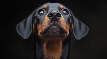Black dog with bright eyes gazing upwards in low light setting