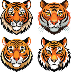  Set of tiger head illustrations in black and white background.