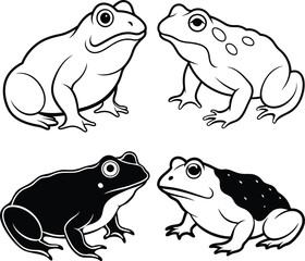  toads set of different species in different poses. Different kinds of frogs. Black vector silhouettes on white background