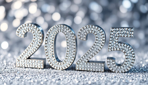 Rhinestone-Studded 2025 Typography on Shimmering Silver Surface