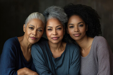 Three generations of Black women embrace  showcasing beauty  strength  and family bonds.