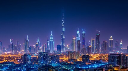 Fototapeta premium Night skyline view of Dubai's skyscrapers and buildings.