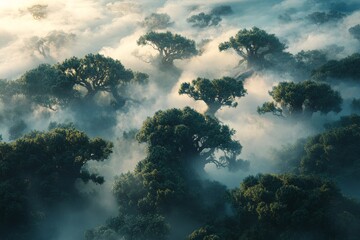 Fototapeta premium Misty landscape with trees shrouded in fog at dawn in a tranquil natural setting