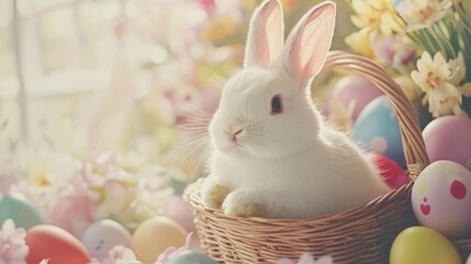Cute white rabbit in wicker basket surrounded by colorful eggs