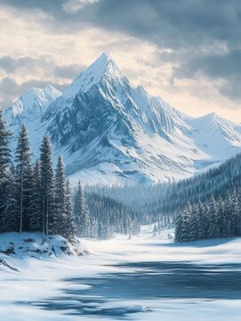 Winter landscape with forest and mountains.