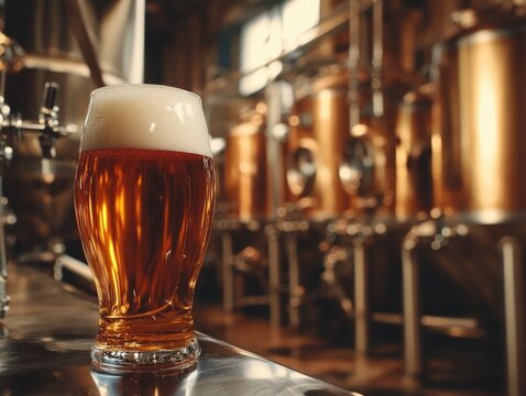 A glass of beer sits on a counter in a brewery, with brewing equipment in the background.