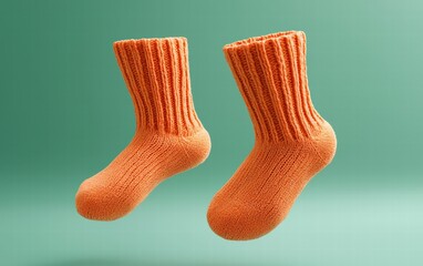 Bright orange woolen socks mockup, gently hovering mid-air, pastel green background