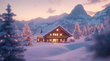Fairy Christmas landscape with glowing wooden cabin in snowy forest. Cozy house in winter mountains