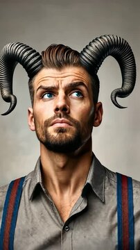 Man with Spiral Ram Horns Looking Up in Contemplation
