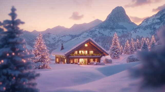 Fairy Christmas landscape with glowing wooden cabin in snowy forest. Cozy house in winter mountains