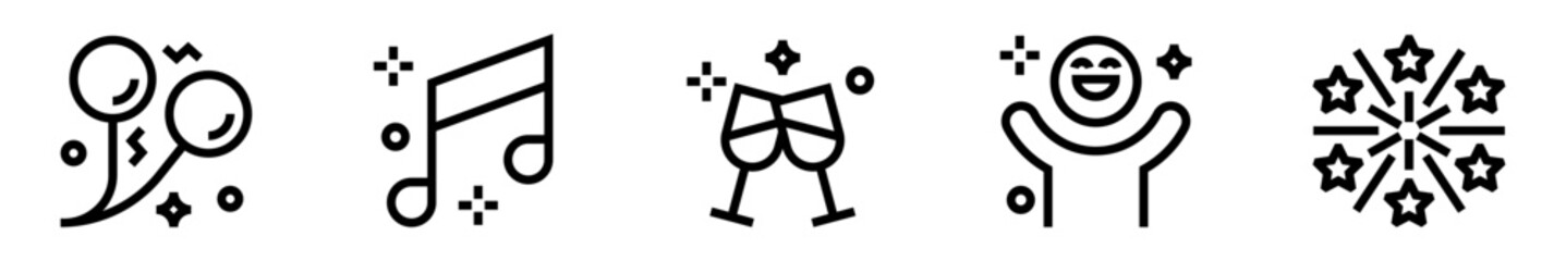 Party and celebration icons set. Joy, music, toasts, fireworks