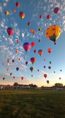 Colorful balloons floating in a blue sky under bright sunlight during a festive celebration