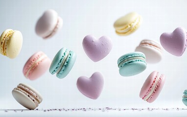 Fototapeta premium Floating heart-shaped macarons in pastel colors, arranged in an artistic mid-air pattern on a soft white background for Saint Valentines Day