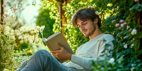 A young man enjoys reading a book amidst lush green plants and flowers. The scene captures a moment of relaxation and tranquility. Perfect for nature lovers or book enthusiasts. AI
