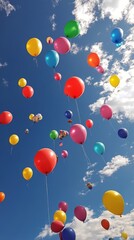 Fototapeta premium Colorful balloons floating in a blue sky under bright sunlight during a festive celebration