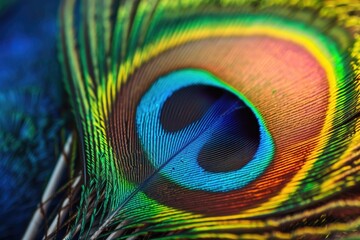 Naklejka premium Vibrant Peacock Feather Close-Up: A Stunning Macro View of Exquisite Plumage