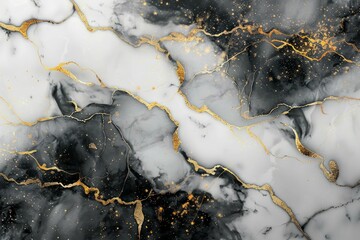  Black and white marble floor pattern with gold veins. Detailed photo textured background