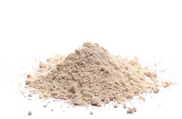 Integral spelt flour pile, isolated on white, side view