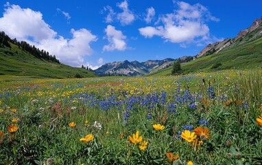 Lush green meadow with wildflowers in full bloom under a bright blue sky