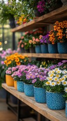 Colorful display of flowers in pots on wooden shelves in a market setting
