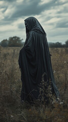 Reaper in a field with tall grass.