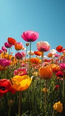 Fototapeta premium Colorful wildflower field under a bright blue sky in springtime