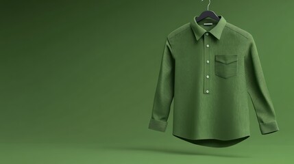 Green Long Sleeve Shirt Hanging Against a Smooth Green Background