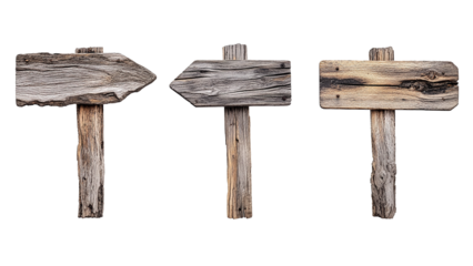 Three different wooden signs pointing in the same direction, cut out