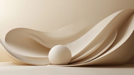 Abstract Beige Wave and Sphere: Minimalist 3D Render