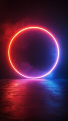 Bright neon circle glowing in colorful smoke against a dark background