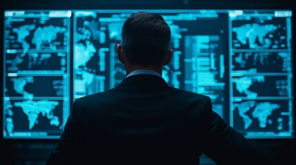 A man in a suit analyzes data on multiple digital screens, showcasing a high-tech environment filled with maps and graphs.