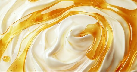 Yogurt swirl with honey close up, whipped cream texture, top view background