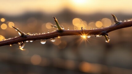 Morning Dew on Vines with Glowing Bokeh Effect at Sunrise