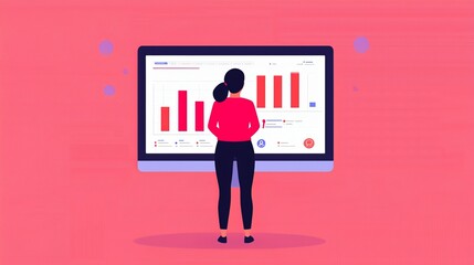 A woman analyzes data on a large screen displaying bar graphs against a pink background, emphasizing analytics and performance insights.